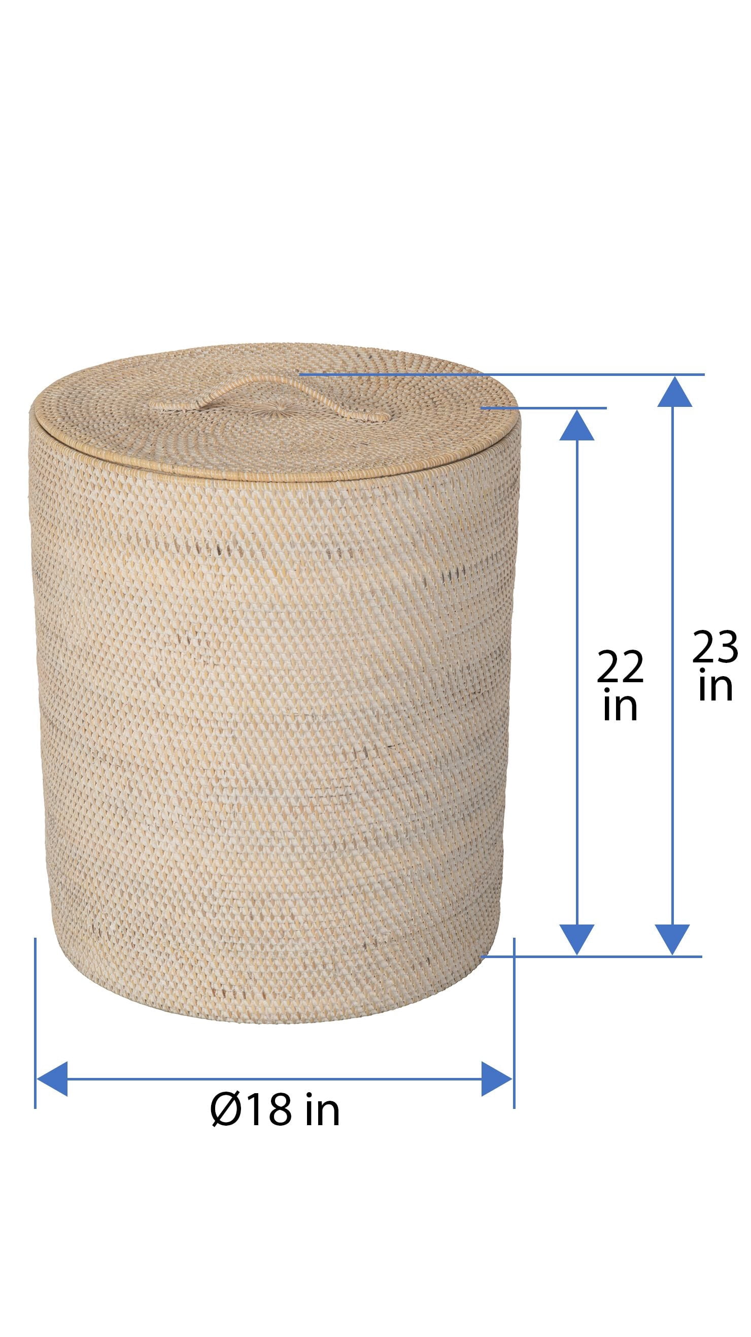 Kouboo Loma Round Rattan Hamper And Laundry Basket With Removable Liner, Handmade Wicker Laundry Basket With Lid, Honey Brown