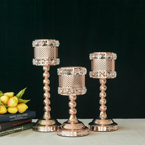 Set of 3 Blush Rose Gold Crystal Acrylic Goblet Votive Candle