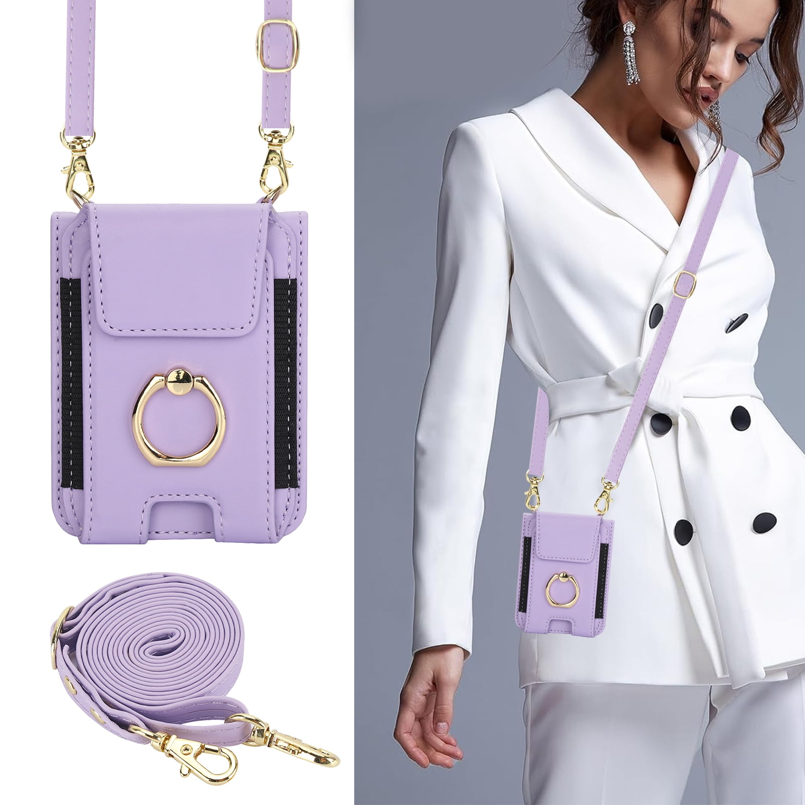 for Motorola Razr 2024 Case, Retro PU Leather Shockproof Protection Phone Case Wallet Built in Credit Card Slots Flip Cover Finger Ring Stand with Long Strap + Short Strap, Purple