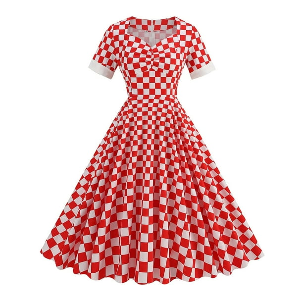 Puntoco Vestido Rojo De Longitud Media Que Cubre Los Glúteos Y La Cintura Estilo Tablero De Ajedrez Estilo Hepburn Para Mujer Rojo L,Regalos Para Mujer Joven