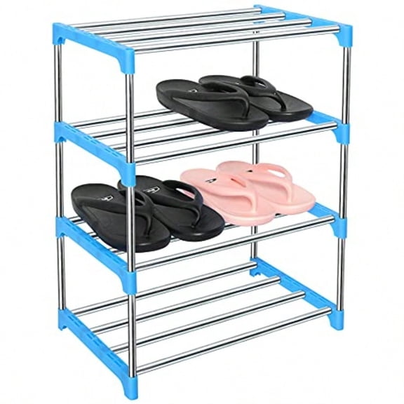 Upgrade 4 Tier Small Shoe Rack Show Rack Closet Shoe Organizer Compact Stackable Shoe Shelf Shoe Stand Floor Shoe Rack for Narrow Space Zapateras Organizer for Shoes Blue