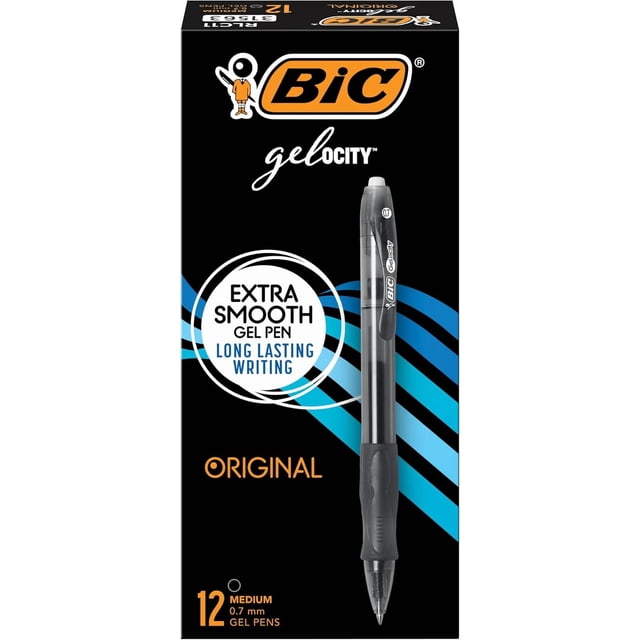 BIC Gelocity Original Black Gel Pens, Medium Point (0.7mm), 12-Count Pack, Retractable Gel Pens With Comfortable Grip (Color Black, Ink Color Blue)