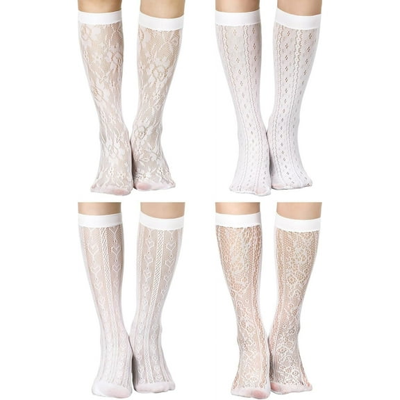 CAILDANL 4 Pairs Women's Lace Socks Mesh Lace Knee High Socks for Women