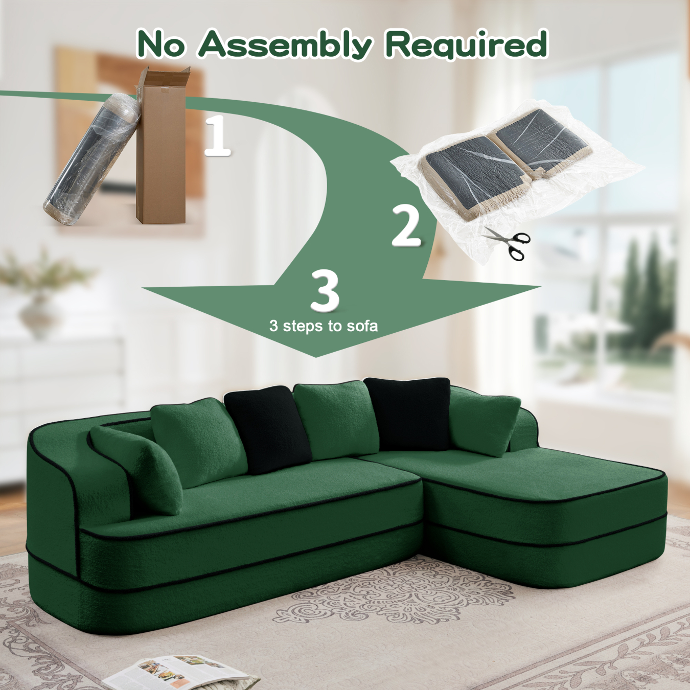 106" Teddy Fabric 32D Boneless Sofa,Modular Sectional Sofa with Curved Armrest,Contrast Color Design with Pillow,Fluffy Comfy Couch with L Shaped Chaise,for Living Room,No Assembly Required,Green
