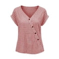 thumbnail image 4 of Favoffer Women's Plaid Pullovers V Neck Short Sleeve Button Placket Grid Weave Loose Silhouette Daily Shirts Picnic Gathering Weekend Rest, 4 of 8