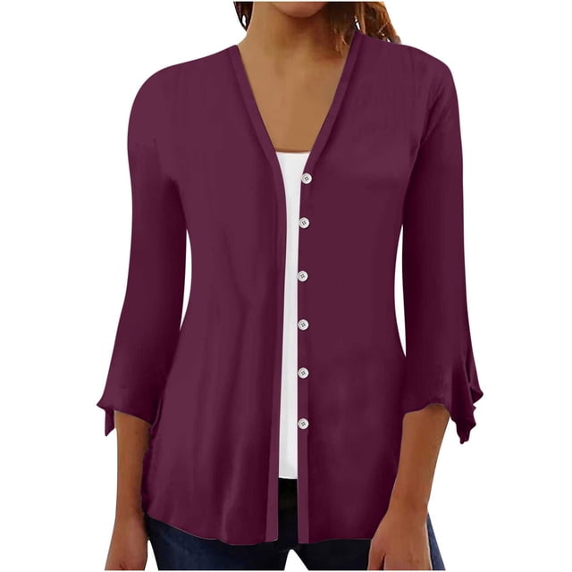 ICHUANYI Liquidación Cárdigan de manga abombada con estampado floral para mujer, blusa holgada, manga 3/4, con volantes y botones frontales abiertos ICHUANYI WER202308256232