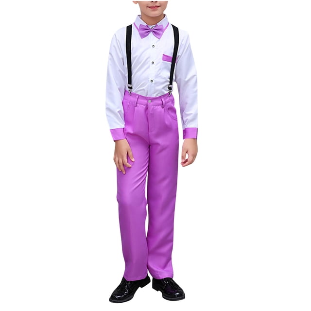 Mgmyaa Tenues d'Été pour Enfants Robe à Manches Courtes avec Chemise à Col et Nœud Papillon Bretelles Tenues Formelles pour Mariage Concours Performance