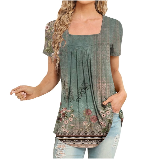 Blouses à Manches Courtes pour Femmes Mode Imprimée Décontractée Col Rond T-Shirt Ample Blouse Hauts à Manches Courtes pour Femmes