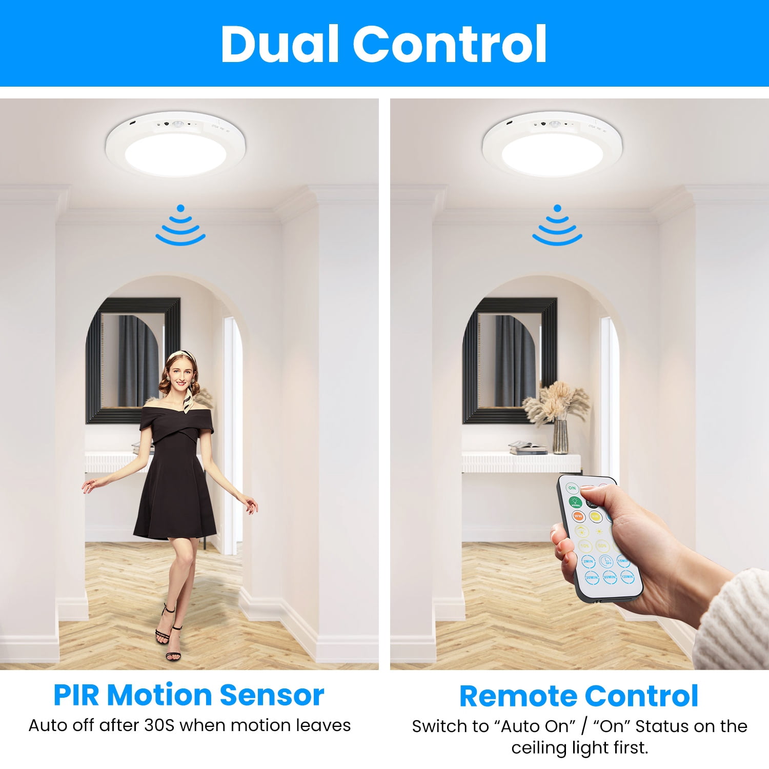 USB Rechargeable Motion Sensor Ceiling Light, Magnetic Mount LED Closet Light 3 Color Temp 4 Brightness 5 Timer PIR Sensor with Remote for Hallway Pantry Stairs