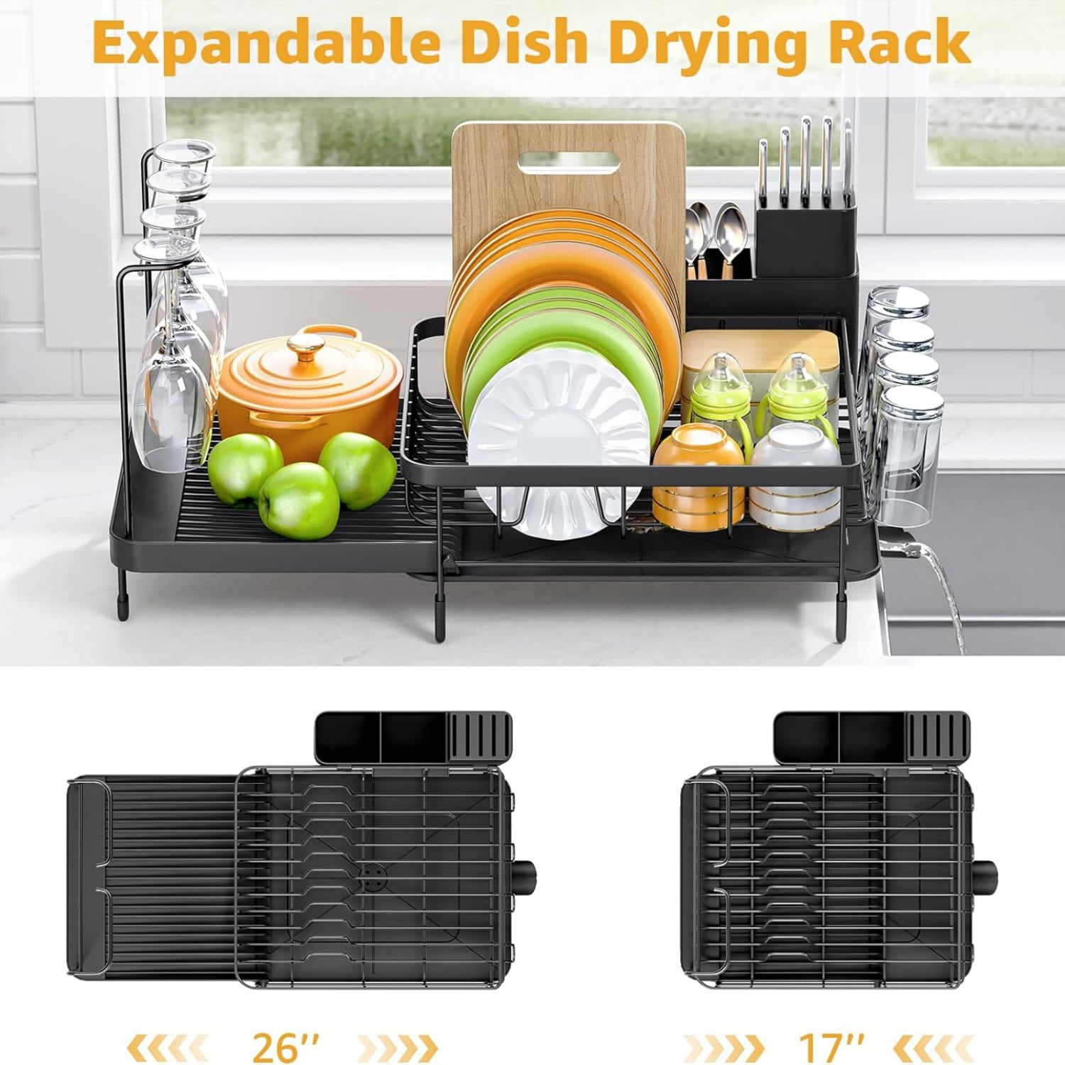 Dish Drying Rack, Expandable Large Capacity Dish Rack with Drainboard, Wine Glasses Holder, Space Saving Dish Drainer, Black