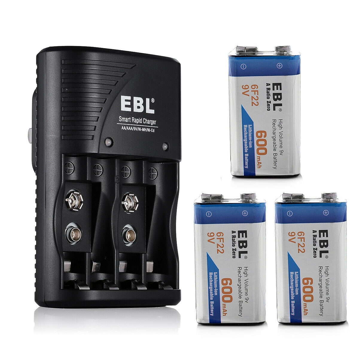 EBL 3 Pack 600mAh 9V Li-ion Rechargeable Batteries with Charger for AA ...