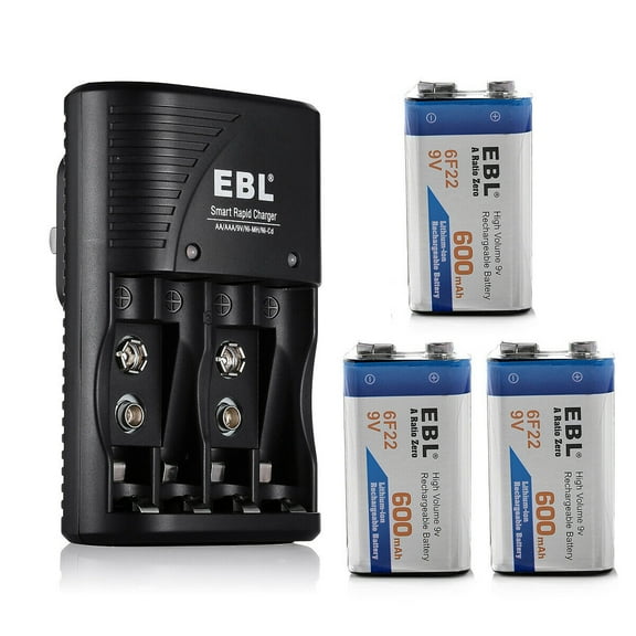 EBL 3 Pack 600mAh 9V Li-ion Rechargeable Batteries with Charger for AA AAA 9V Rechargeable Batteries Ni-MH Ni-CD Rechargeable Batteries