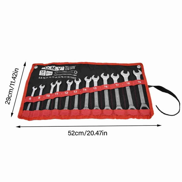 Juego de 12 llaves de trinquete combinadas métricas de acero al cromo-vanadio de 8 a 19 mm con bolsa de almacenamiento y cabezal fijo.