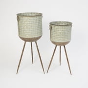 Set of 2 Round Galvanized Planters with Embossed Weave Pattern and Stand