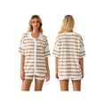 thumbnail image 3 of FOCUSNORM Women Pajamas Set 2 Pieces Loungewear Suits Stripe Contrast Color Button Crochet Knit Tops and Shorts Lounge Sets, 3 of 9