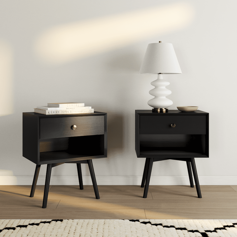 Walker Edison Mid-century Modern 1 Drawer Nightstand, Set of 2, Black