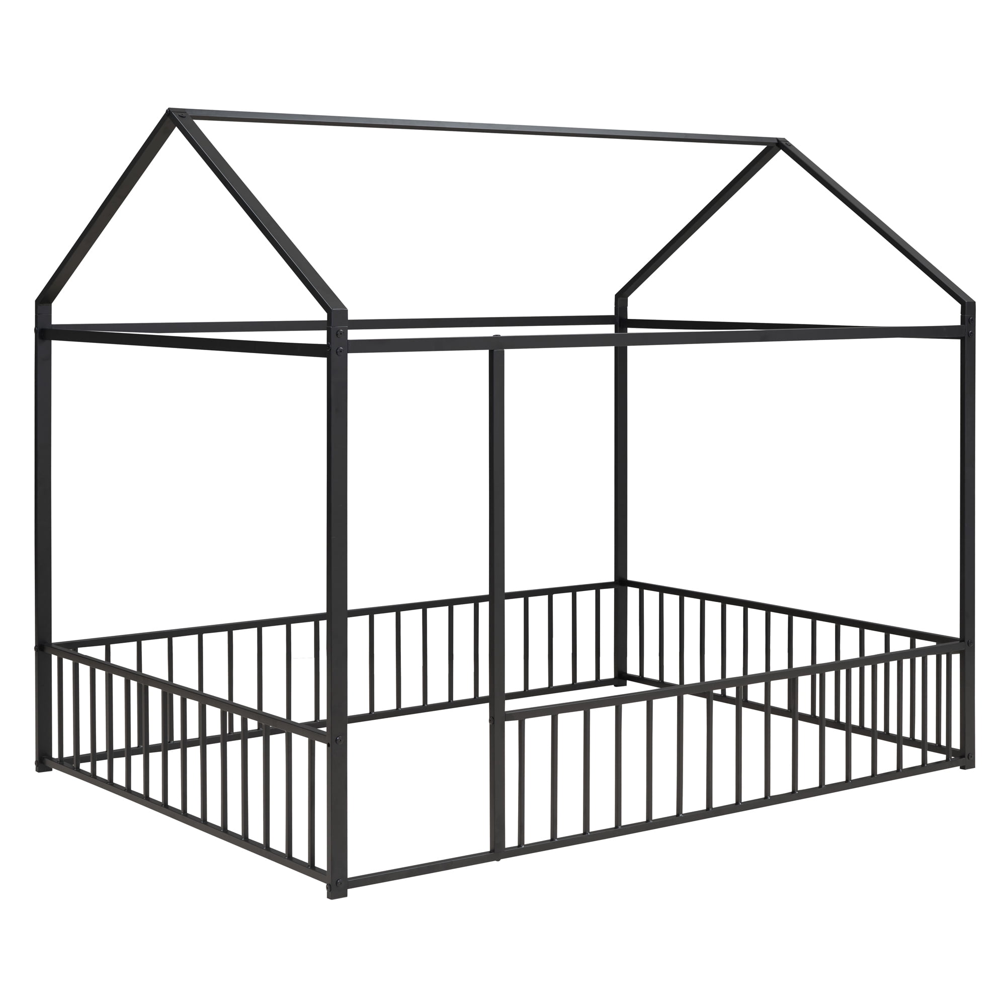 Full Size Montessori Floor Bed, Metal House Bed Frame for Kids, Kids Floor Beds with Fence Guardrails, Playhouse Bed for Kids Boys Girls