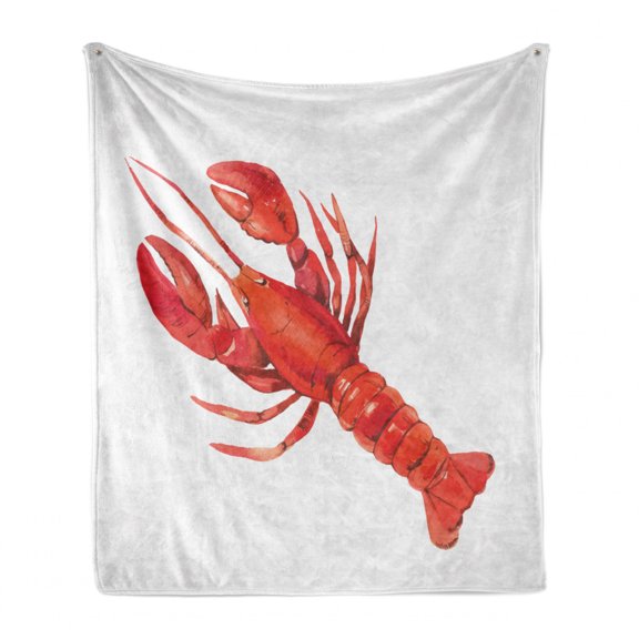 Lobster Soft Flannel Fleece Blanket, Watercolor Effect Crustacean Image Mediterranean Sea Food Cuisine Concept, Cozy Plush for Indoor and Outdoor Use, 50" x 70", White and Vermilion, by Ambesonne