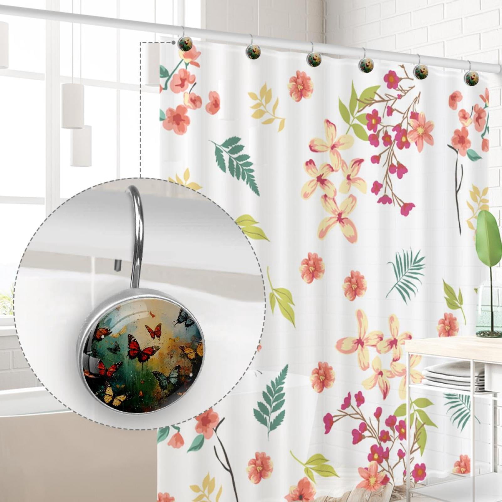 Colorful Painting Butterfly Shower Curtain Hooks Round Crystal Glass, Set of 12 Shower Curtain Rings - Shower Hooks for Curtain Shower Rings