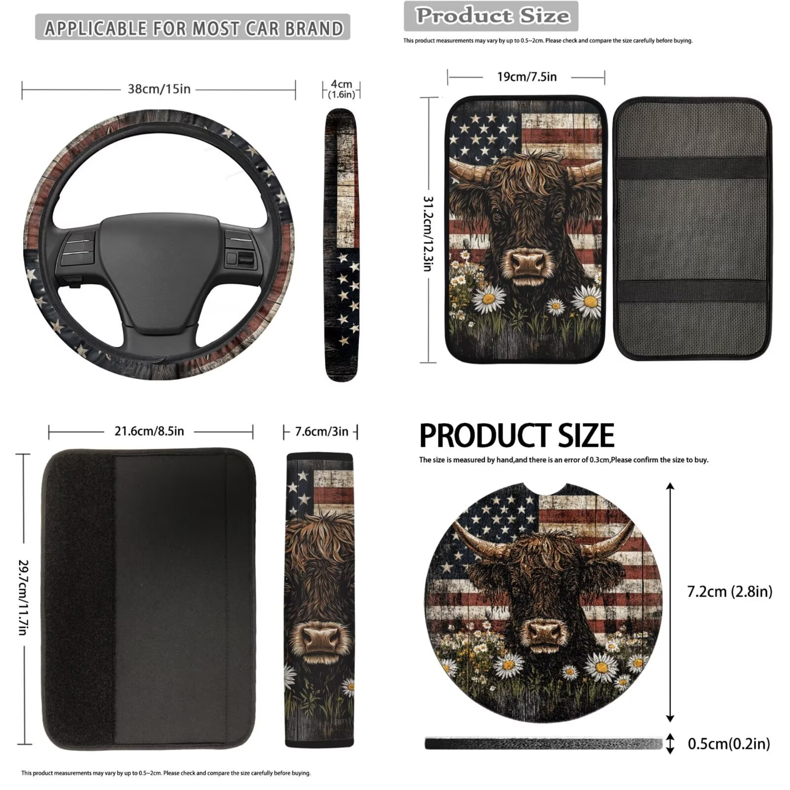 Uorisanigo Highland Cow US Flag Car Seat Covers Full Set 18 Pack Steering Wheel Cover+Seatbelt Pads+Center Console Pad+Headrest +Shift Knob & Handbrake Cover+Coasters+Keychain Keyrings