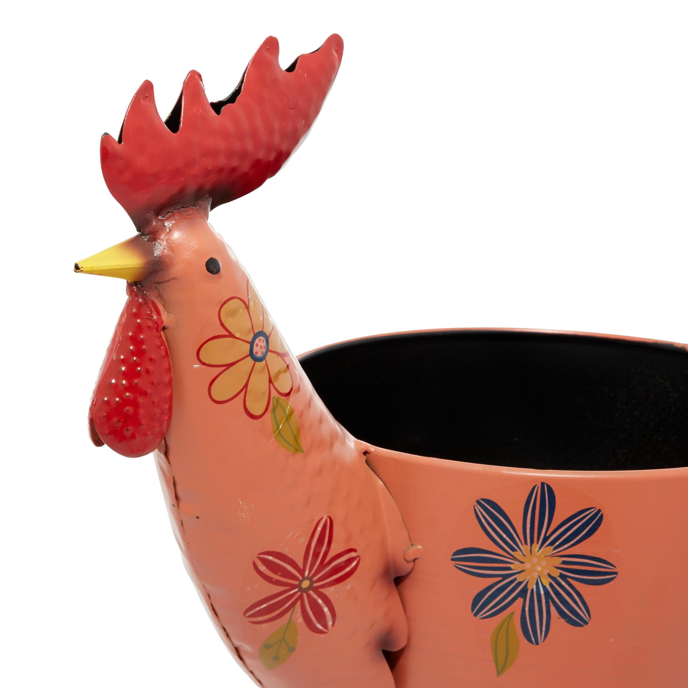 DecMode 19" x 20" Pink Metal Rooster Planter with Floral Pattern Planter