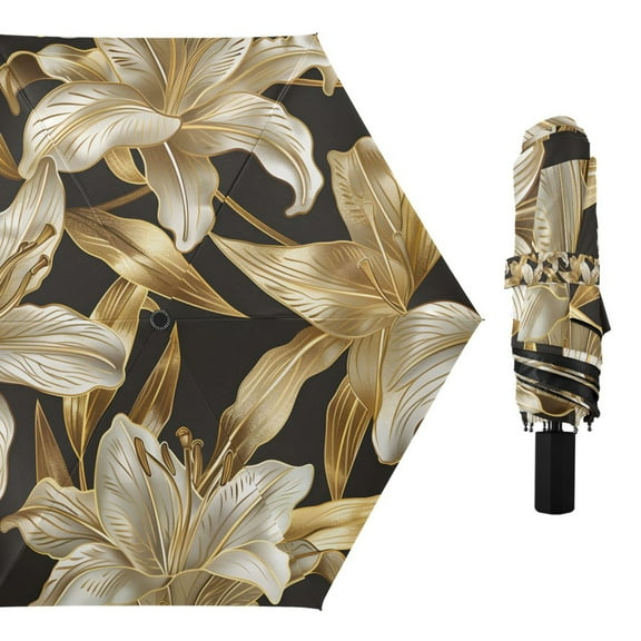 Luxury Lilies Floral Flower Compact Sun Umbrella Windproof Travel Umbrellas for Rain Strong Portable UV Protection
