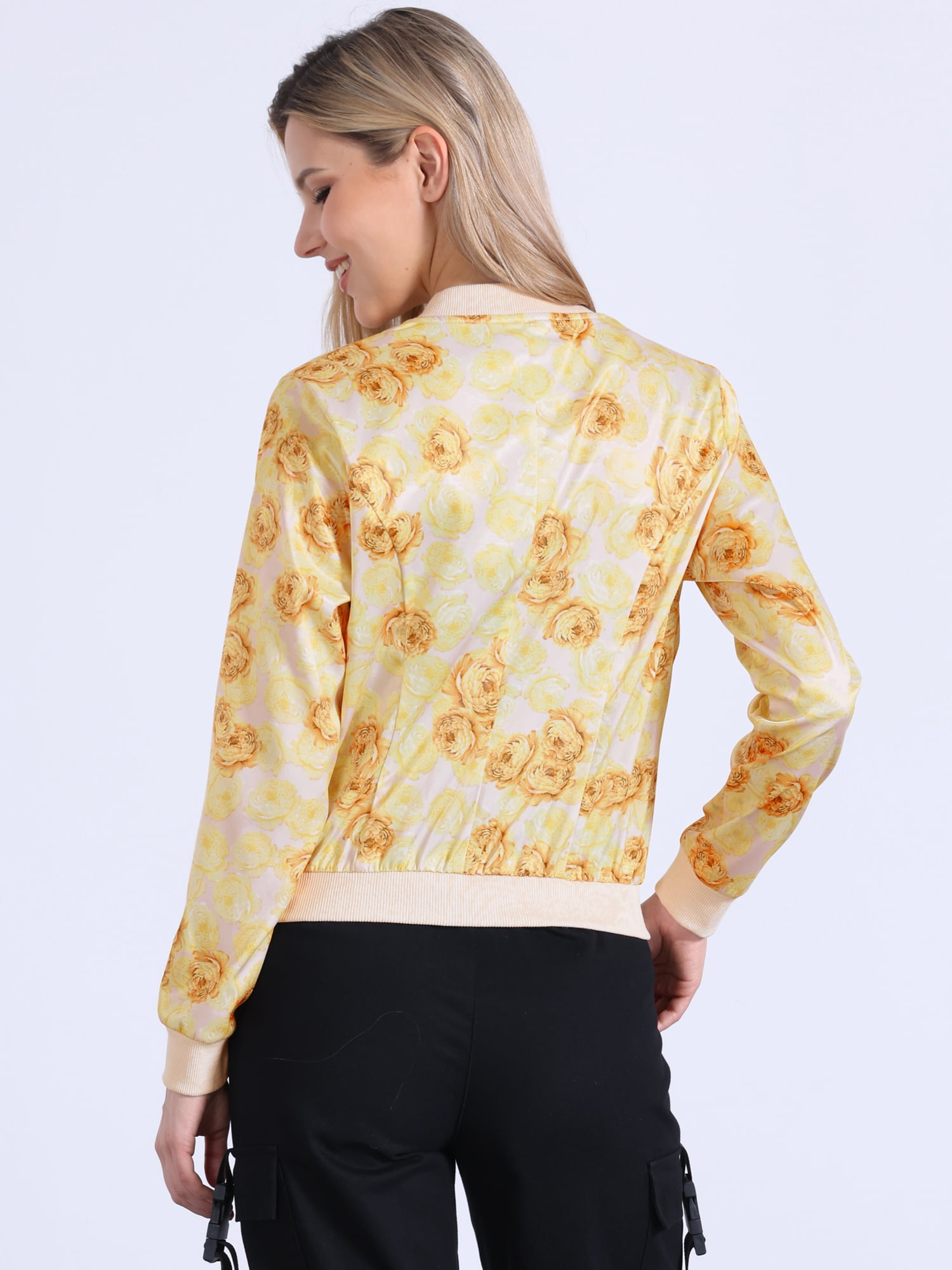 DARING DIVA Women's Stand Collar Front Zipper Satin Bomber Jacket XL Yellow