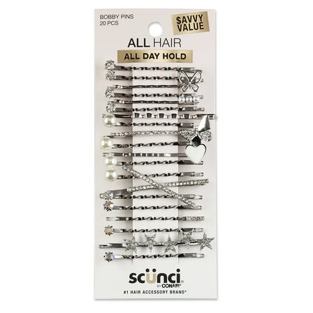 Scunci Pearl and Crystal Embellishment Bobby Pins, Silver, 20 Count