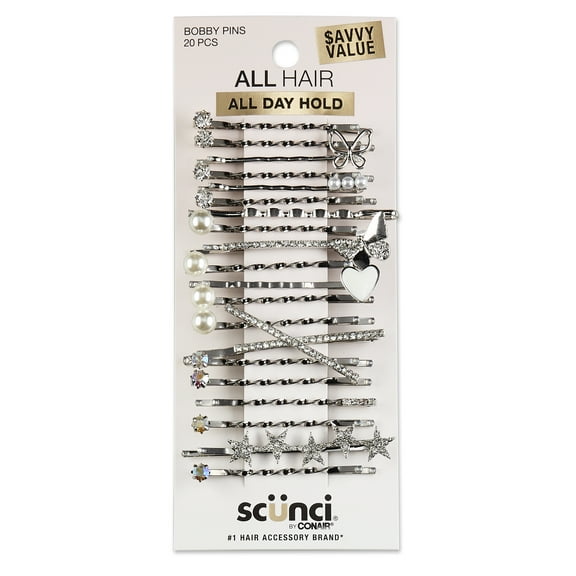 Scunci Pearl and Crystal Embellishment Bobby Pins, Silver, 20 Count