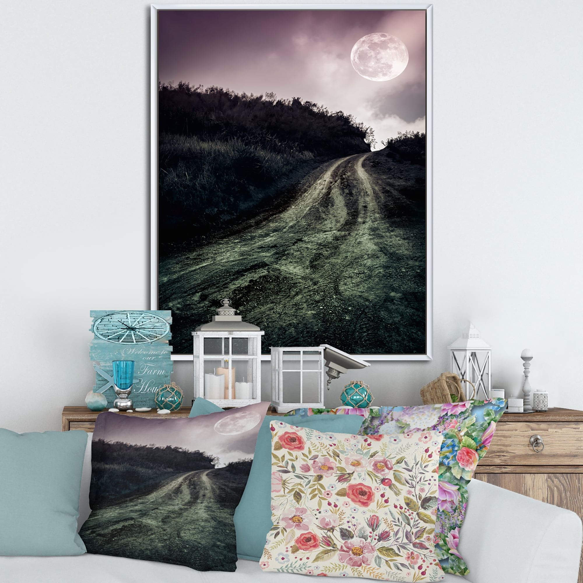 Designart 'Countryside Muddy Road Under Full Moon' Modern Framed Canvas Wall Art Print