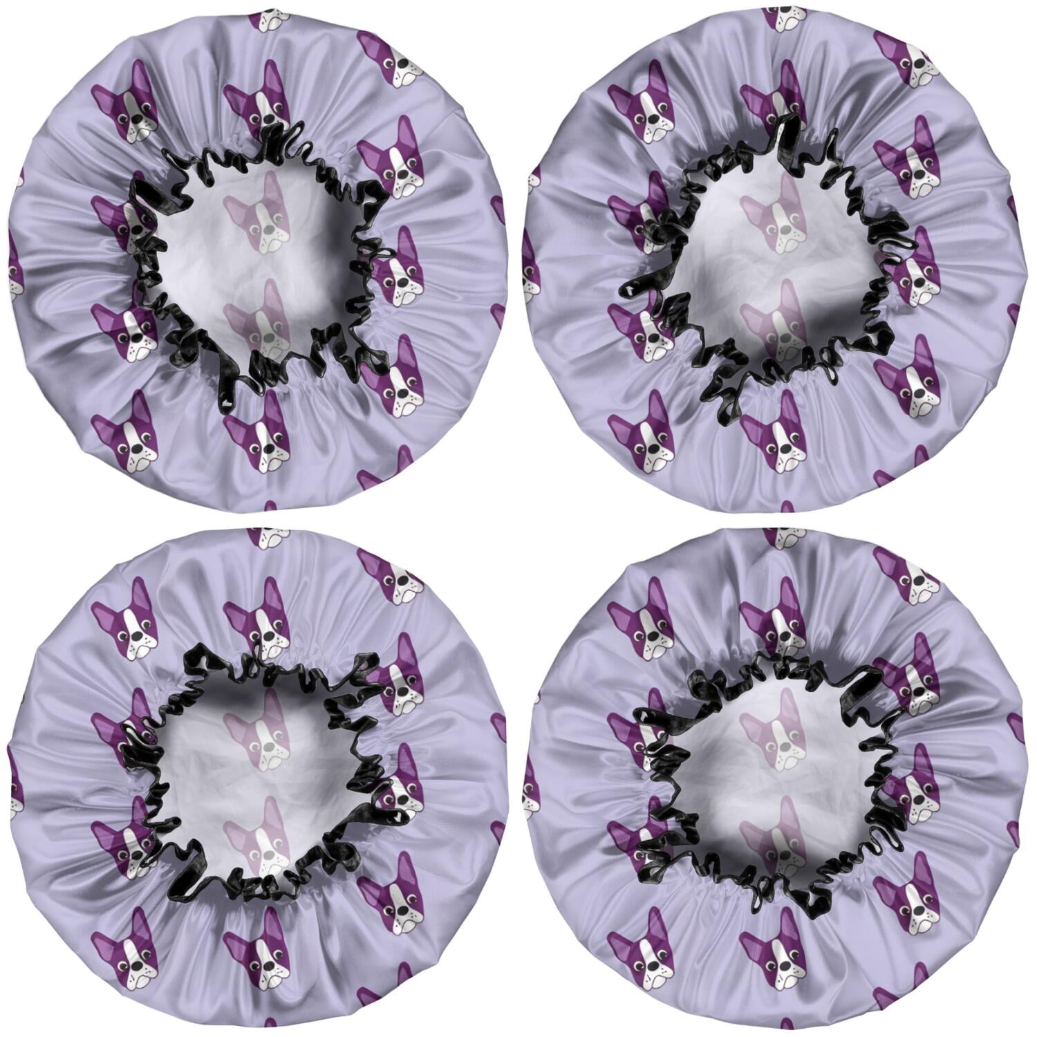 Shower Caps,Purple Boston Terrier Puppy Waterproof Shower Cap for Women 4 Pieces,Double Reusable Hair Cover for Shower PEVA Elastic Stretch Hem