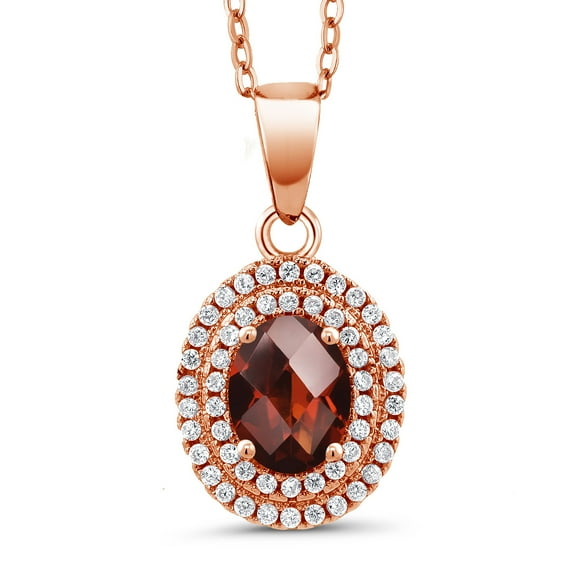Gem Stone King 18K Rose Gold Plated Silver Red Garnet and White Zirconia Pendant Necklace for Women | 1.82 Cttw | Gemstone January Birthstone | Oval Checkerboard 7X5MM | With 18 inch Chain