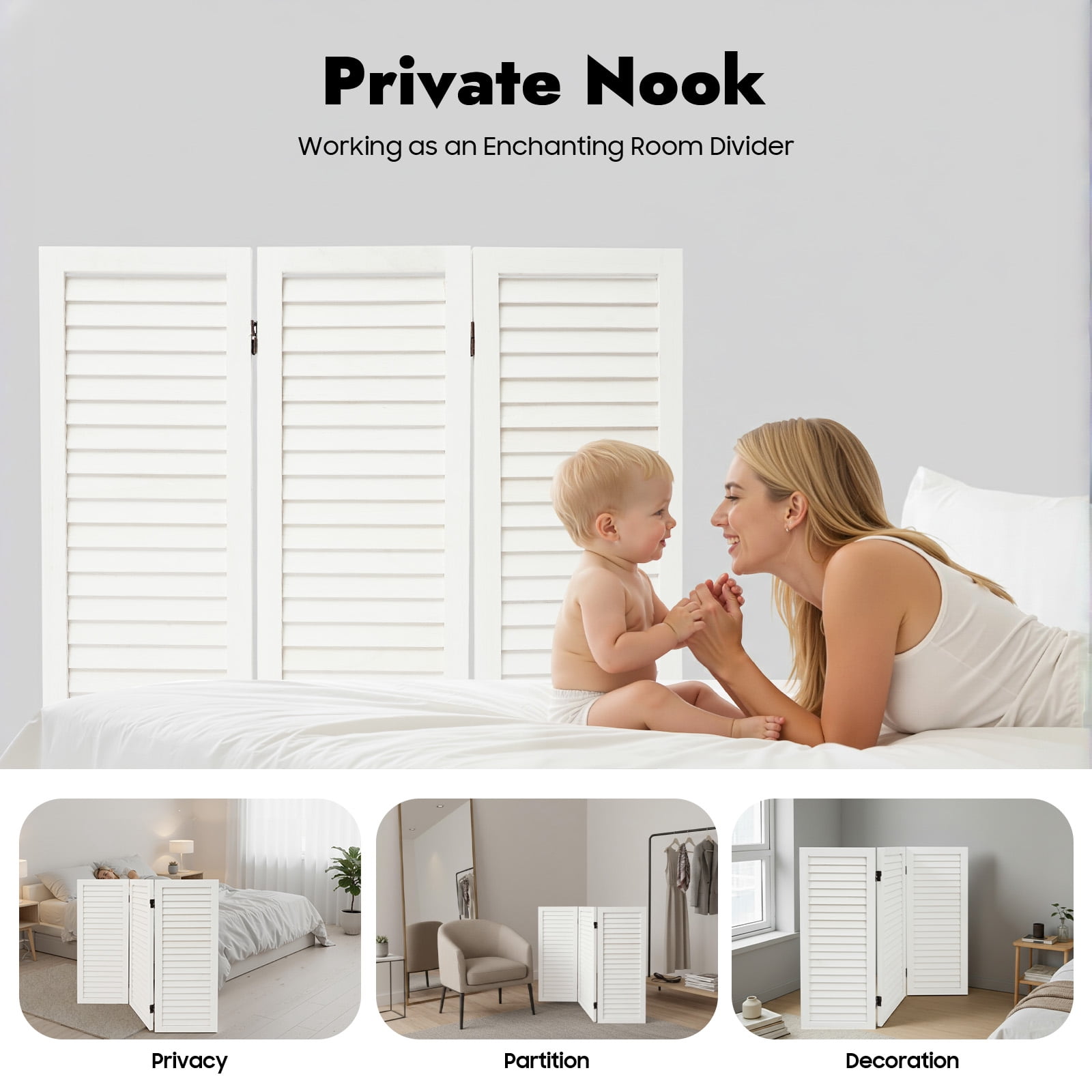 Wood Room Divider 3 Panel, Short Folding Privacy Screen 31.9in Tall, White Freestanding Room Partitions for Office, Bedroom, Home