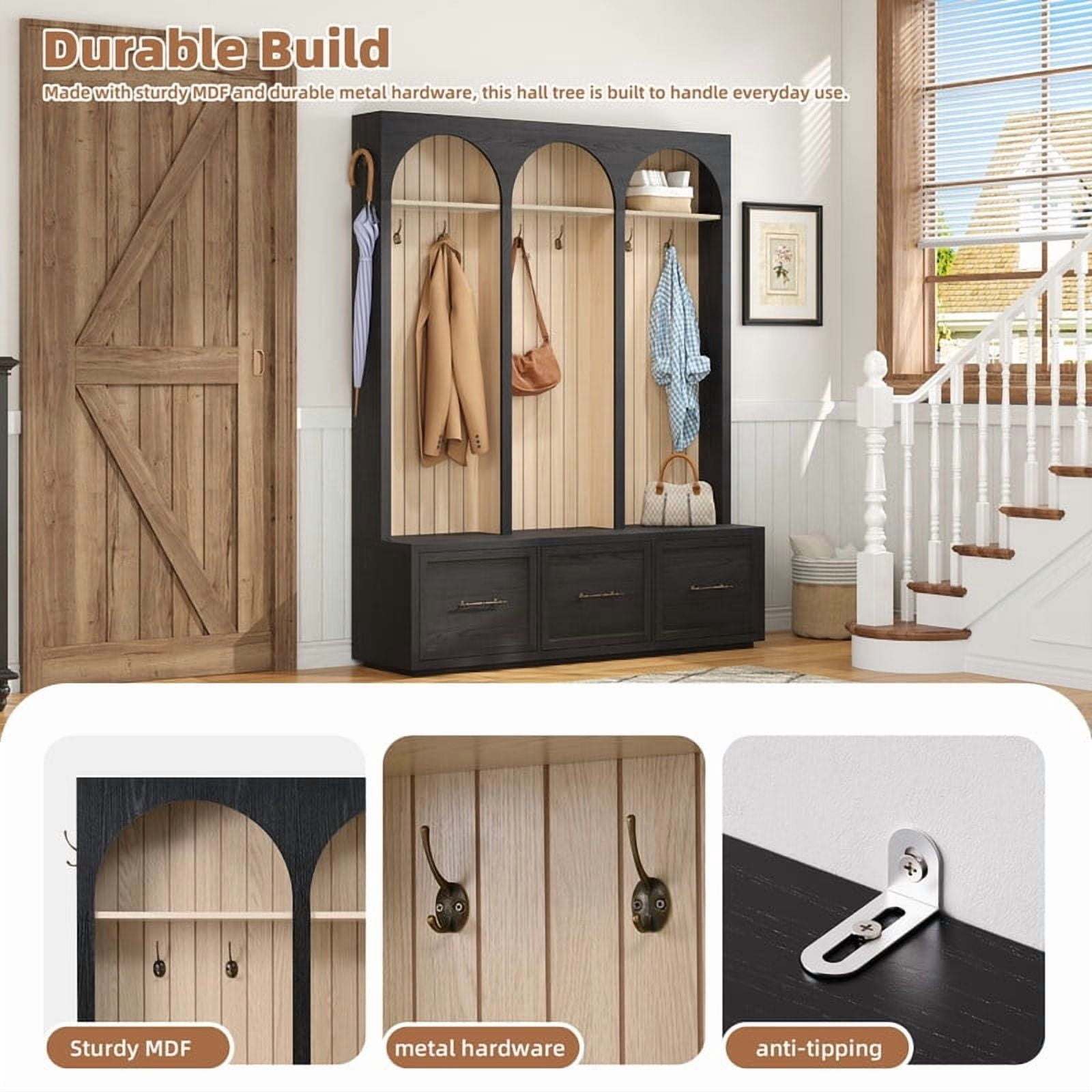 Farmhouse Arched Design Hall Tree with Retro Hooks, Entryway Seating Bench with 3 Storage Drawers, Elegant Coat Rack for Living Room