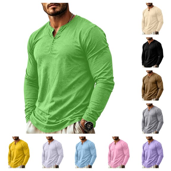 gzxflxpge Men's Long Sleeve Henley Shirts Casual Classic Fit Button-Up T Shirt Spring and Fall Funky Lightweight Pure Color Sweatshirt Green XL