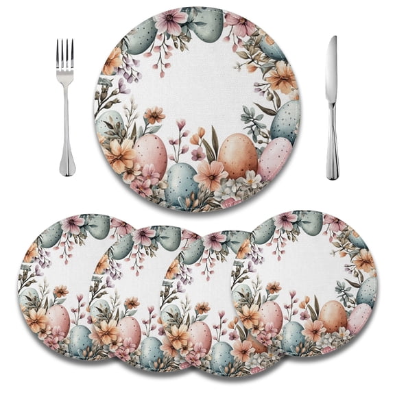 MIZHONA Happy Easter Round Placemats Set of 4,Spring Easter Eggs Floral Table Place Mats 14 inch
