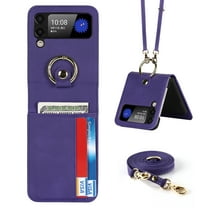 Feishell Fit for Samsung Galaxy Z Flip3 5G 6.7 inch Portable Phone Case with Metal Finger Ring,Shockproof Luxury PU Leather ID Credit Card Slots Detachable Shoulder Strap Crossbody Phone Cover,Purple