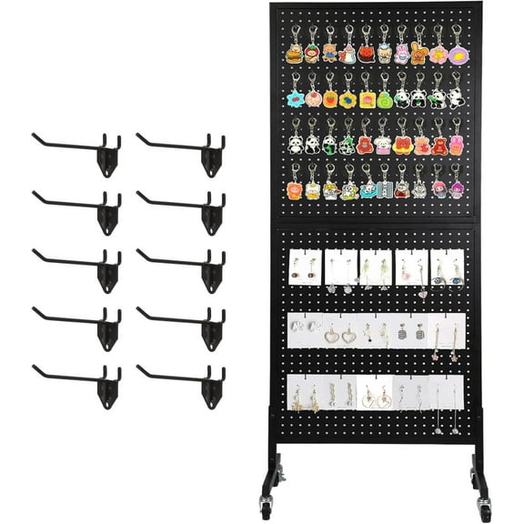 2'x 5' Standing Pegboard Display with T-Base, Pegboard Display Stand with Wheels, Metal Peg Board Display Rack, Art Display Stand, Extra 10 Pieces Hooks - Black