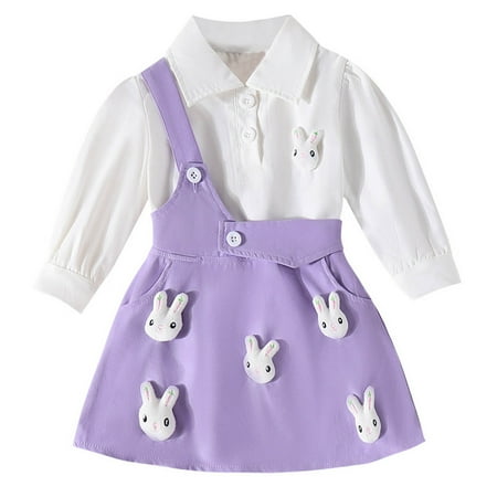 

Bjutir Toddler Girls Outfit Set Kids Baby Children Lapel Long Sleeve Shirt Rabbit Single Strap Skirt Two Piece Suspender Skirts Purple 6-9 Months