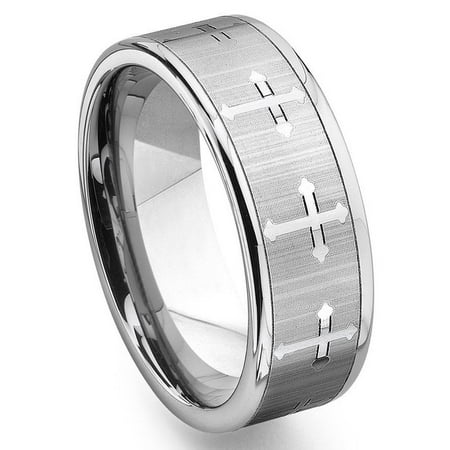 - Tungsten Carbide Men's Wedding Band Ring (7.5mm) with Cross Design Sz 10
