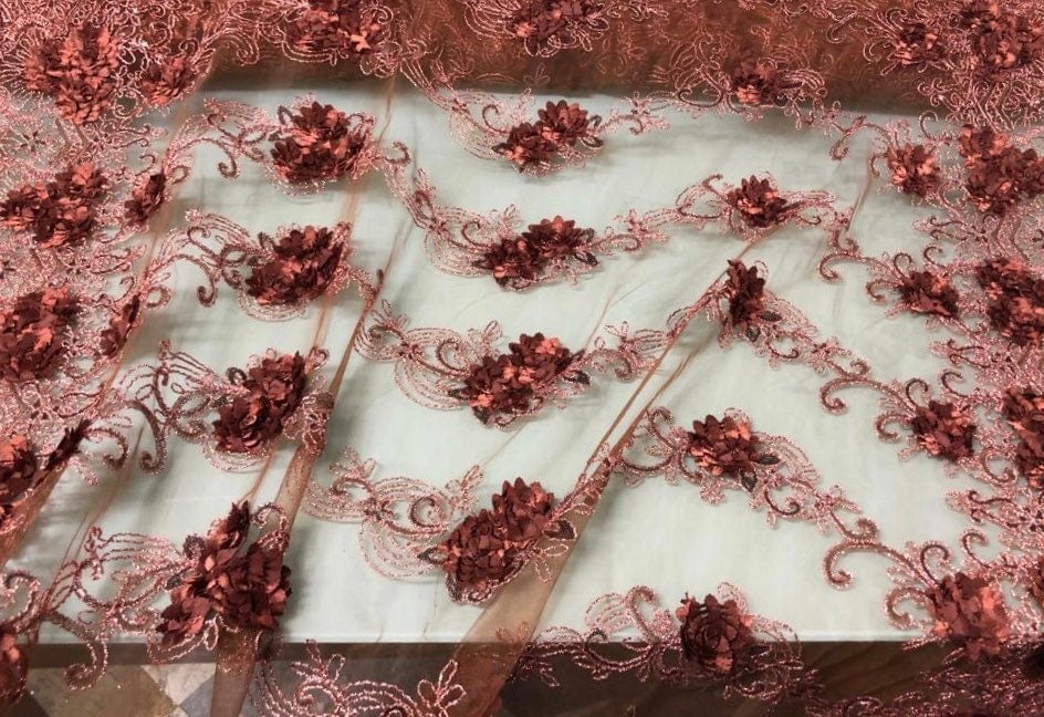 Brown Floral Appliqué Net Lace Fabric, Apparel, Home Decor