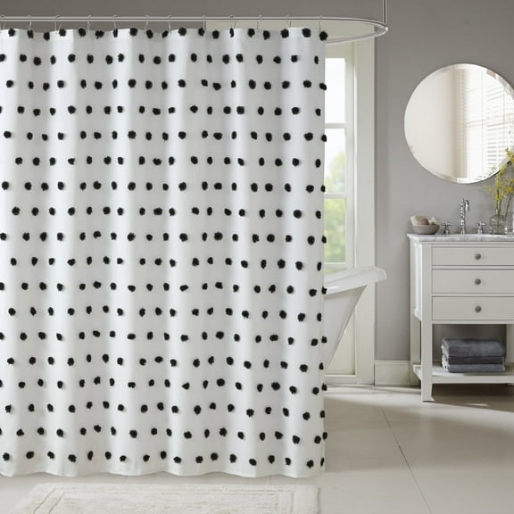 Madison Park Shower Curtain, White Polka Dot Bathroom Curtain With/ 12 Button Holes, Black, 72” X 72"