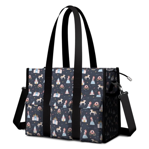 Teacher Tote Bag,Dark Princess Castle Pattern Teacher Utility Tote Bag,Large Work Tote Bags for Women with Multiple Pockets,Top Zipper Closure,13.8x10.6x6.7 Inch