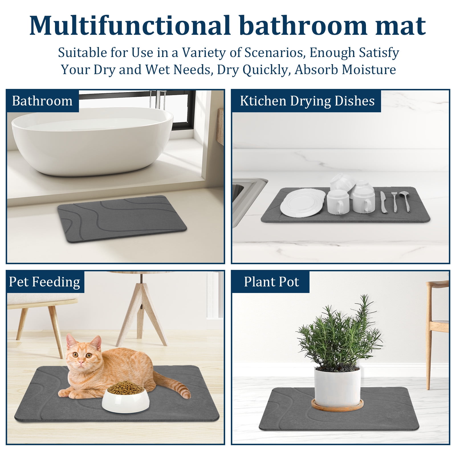 LIZEVINC Non-Slip Diatomaceous Earth Stone Bath Mat – Super Absorbent Quick Dry Diatomite Shower Mat for Bathroom Floor, Fast Drying Bathroom Mat, 23.6" x 15.4", Deep Gray