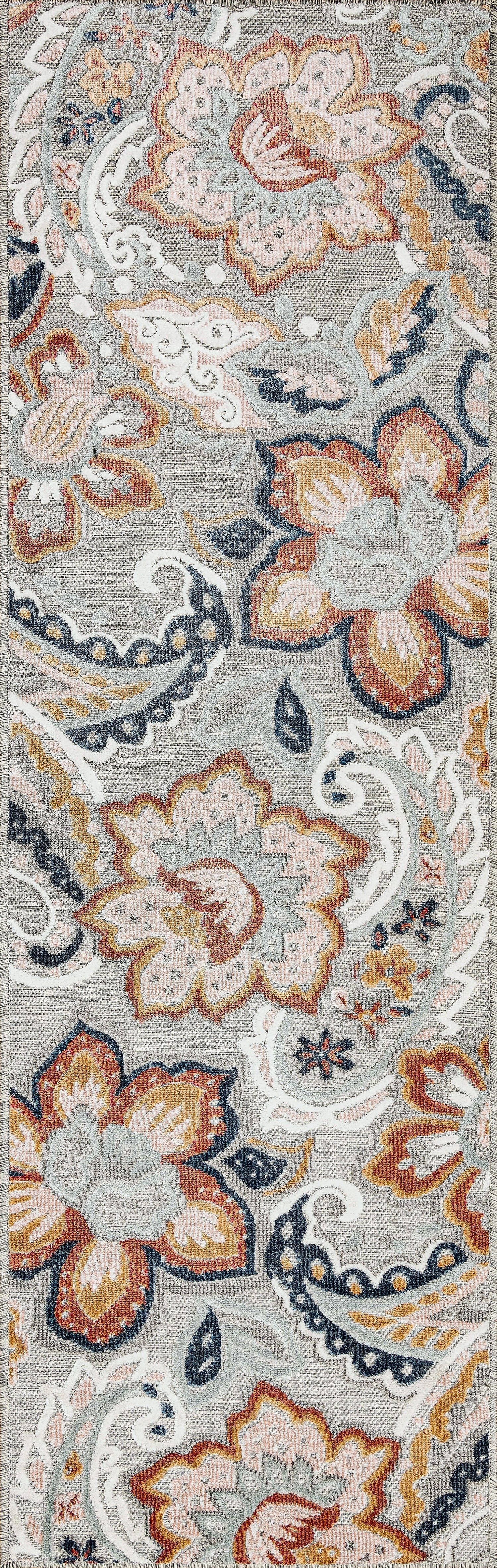 Bliss Rugs Floral Indoor Outdoor Rug Water Resistant Runner Rug for Patio, Hallway, Entryway, Deck, Gray ,2' x 8'