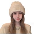thumbnail image 3 of Gorro de punto de lana gruesa con circunferencia de cabeza grande para mujer, orejeras sueltas para otoño e invierno, gorro frío de pelo cálido, aspecto de cara grande y pequeño, 3 of 5