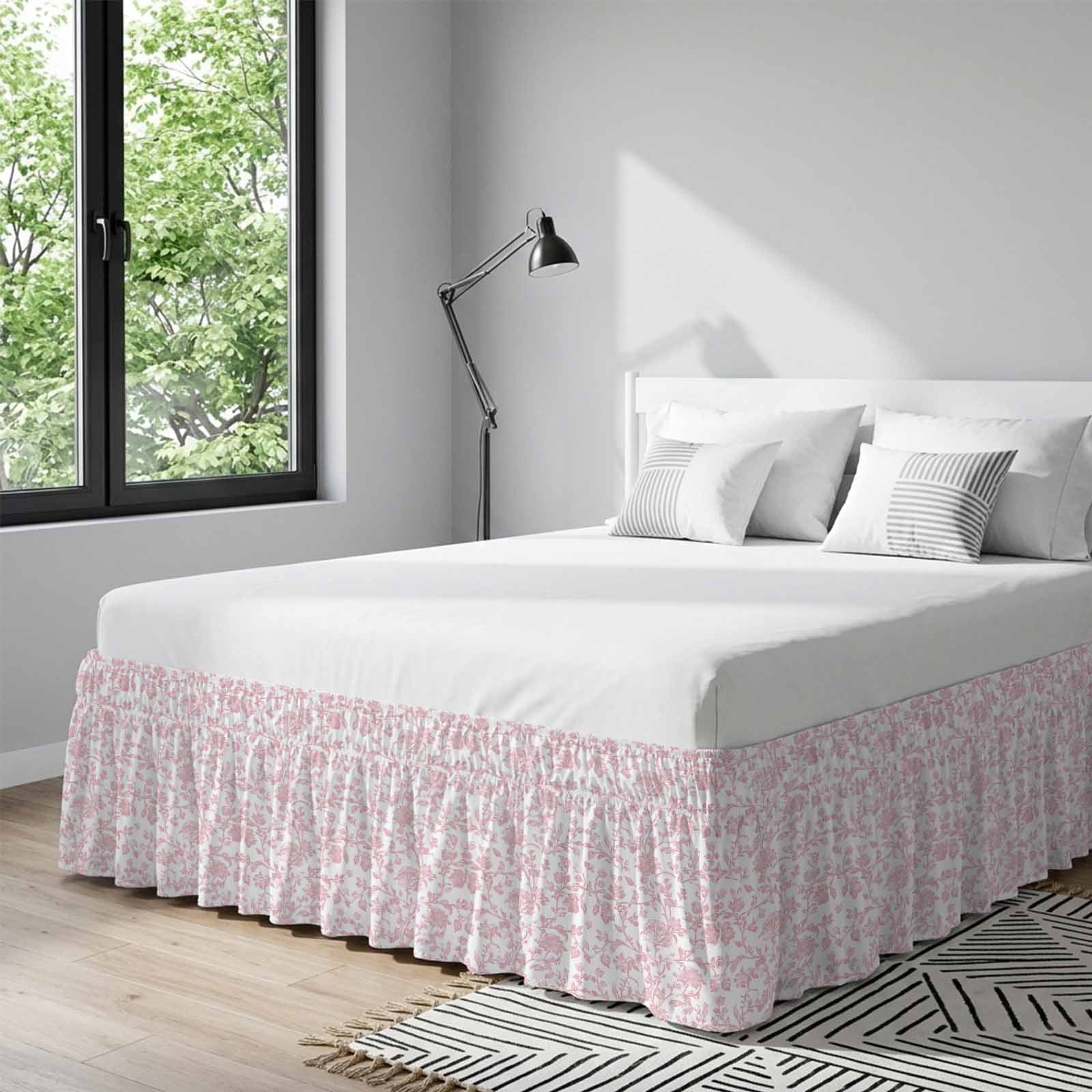 Bed Skirt Light Pink Floral Paisley Adjustable Elastic Wrap-Around Dust Ruffle with Boho Leaf Vintage Farmhouse Linen 16 Inch Drop, Bed Frame Cover for Queen Size Bed