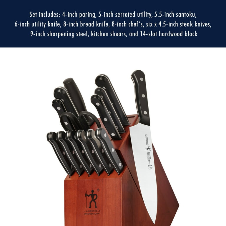 Henckels Solution 15-pc Kitchen Knife Set with Block, Chef Knife, Paring  Knife, Utility Knife, Bread Knife, Steak Knife, Black, Stainless Steel 
