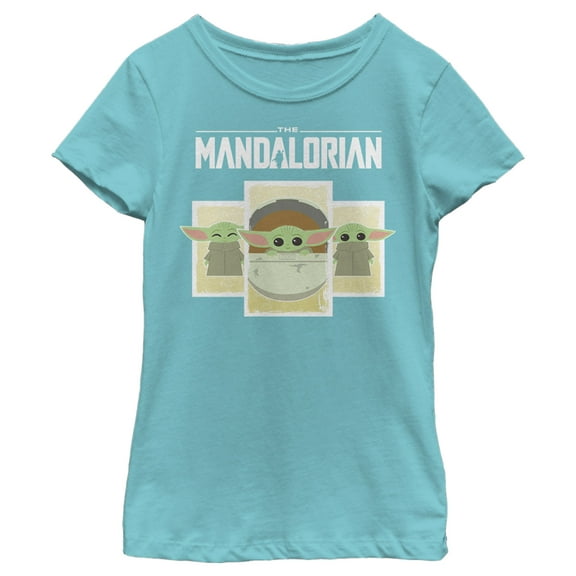 Girl's Star Wars: The Mandalorian The Child Cartoon Cards Graphic Tee Tahiti Blue Large