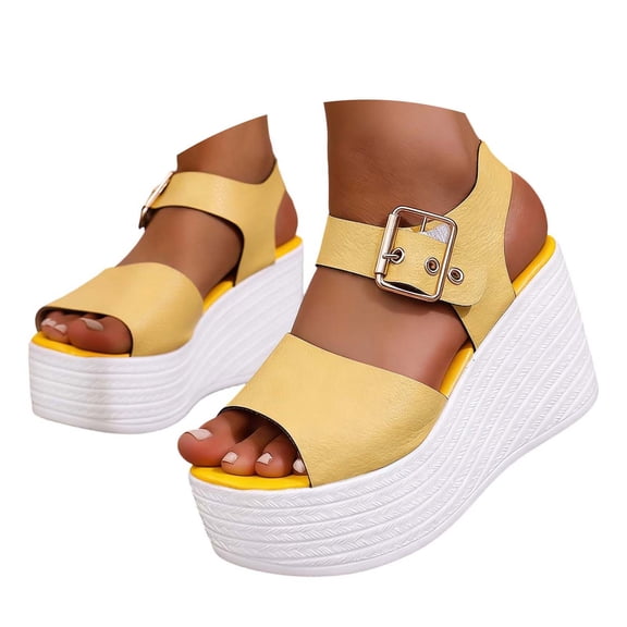 Fiaer Women's Fashionable High Heeled Sandals Plus Size Belt Buckles Fish Mouth Wedge Sandals Thick Soled Open Toe Shoes for Daily Outdoor Yellow 9.5